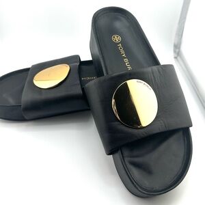 Tory Burch Black and Gold Slide Sandals with Sleek Design